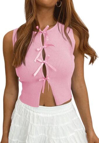 Saodimallsu المرأة الصيف بلا أكمام المحاصيل تانك القمم القوس طاقم الرقبة المجهزة Y2k مضلع متماسكة سترة سترة in Kuwait