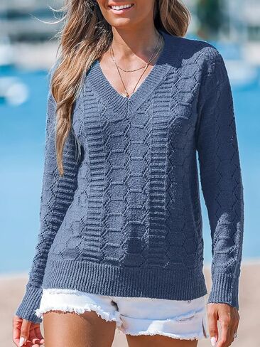 CUPSHE Womens Crochet Sweaters Casual Long Sleeve V Neck Knit Lightweight Pullover Sweater Tops in Saudi Arabia