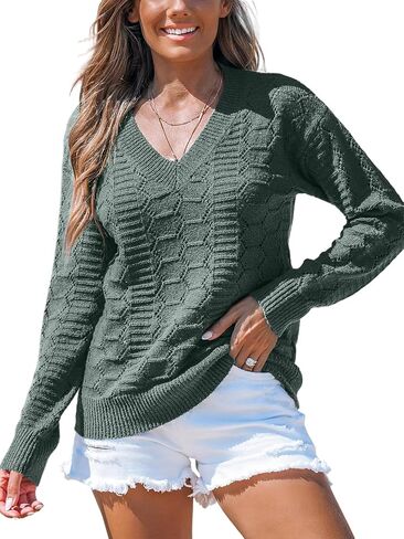 CUPSHE Womens Crochet Sweaters Casual Long Sleeve V Neck Knit Lightweight Pullover Sweater Tops in Saudi Arabia