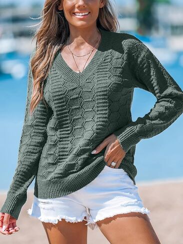 CUPSHE Womens Crochet Sweaters Casual Long Sleeve V Neck Knit Lightweight Pullover Sweater Tops in Saudi Arabia