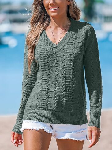 CUPSHE Womens Crochet Sweaters Casual Long Sleeve V Neck Knit Lightweight Pullover Sweater Tops in Saudi Arabia