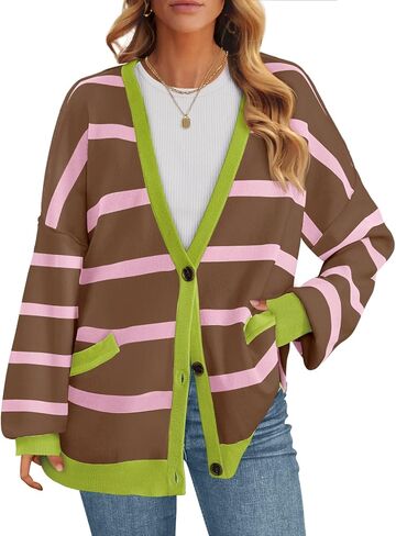 MEROKEETY سترات صوفية نسائية بأكمام طويلة كبيرة الحجم 2024 ملابس خارجية متماسكة مخططة ومفتوحة من الأمام in Kuwait