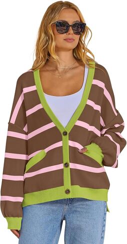 MEROKEETY سترات صوفية نسائية بأكمام طويلة كبيرة الحجم 2024 ملابس خارجية متماسكة مخططة ومفتوحة من الأمام in Kuwait