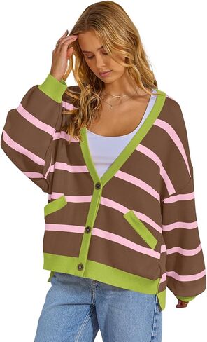 MEROKEETY سترات صوفية نسائية بأكمام طويلة كبيرة الحجم 2024 ملابس خارجية متماسكة مخططة ومفتوحة من الأمام in Kuwait