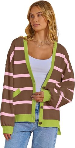 MEROKEETY سترات صوفية نسائية بأكمام طويلة كبيرة الحجم 2024 ملابس خارجية متماسكة مخططة ومفتوحة من الأمام in Kuwait