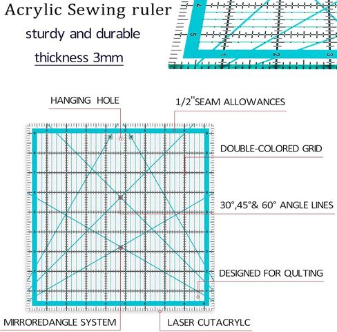 مسطرة خياطة من 4 قطع من في بي في بي، مسطرة مربعة من الاكريليك، قوالب خياطة اللحف، مع حلقات مانعة للانزلاق، 50 قطعة (4.5×4.5 انش، 6×6 انش، 9.5×9.5 انش، 12.5×12.5 انش) in Kuwait