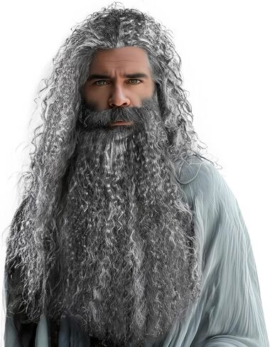 لحية وشعر مستعار بني واقعي من MCJC - ملحقات زي ساحر لحية وشعر مستعار للبالغين للهالوين (بني) in Kuwait