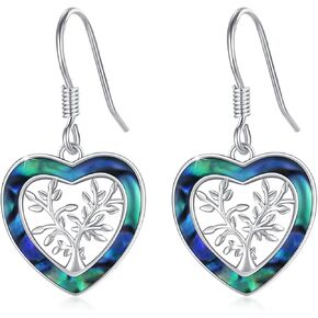 Abalone Heart Tree of Life Earring,925 Sterling Silver Family Tree Leverback Earrings for Women Girls Life of Tree Dangle Jewelry Gifts