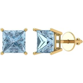 3.0 ct Princess Cut Solitaire Designer Genuine Natural Light Blue Aquamarine pair of Stud Earrings 14k Yellow Gold Screw Back