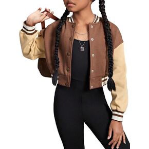 Floerns Girl's Colorblock Long Sleeve Button Down Baseball Collar Varsity Jacket