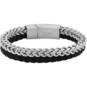 Edforce Stainless Steel Men's Two-Strand Braided Genuine Leather and Franco Curb Chain Bracelet