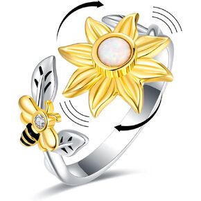Sunflower Fidget Spin Bee Rings - 925 Sterling Silver Adjustable Open Ring Opal You are My Sunshine Ring Spinner Chrismas Mother's Day Birthday Jewery Gift for Teen Girls Women