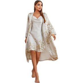Nightgown and Robe Set for Women Floral Nightshirt Soft Kimono Robe Women Satin Bathrobe Pajama Set Cami Sleepwear