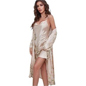 Nightgown and Robe Set for Women Floral Nightshirt Soft Kimono Robe Women Satin Bathrobe Pajama Set Cami Sleepwear