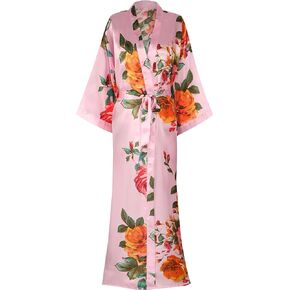 Women's Long Floral Robe Satin Kimono Dressing Gown Wedding Party Bridal Robe Lounge Robe Sleepwear