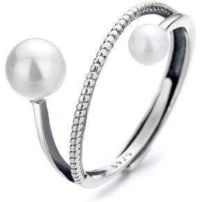Elegant Double Pearls Open Stacking Rings Sterling Silver 925 Vintage Layered Statement Ring Antique Engagement Wedding Ring Thin Finger Band Toe Ring Fashion Jewelry Gifts for Women Girls Adjustable
