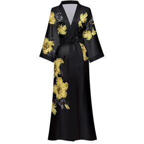 Kimono Robes for Women Long Dressing Gown Charmeuse Satin Floral Print Silky Robe Sleepwear Wedding Bachelorette Party