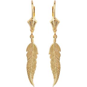 Certified 10k Yellow Gold Native American Feather Leaf Dangle Earrings