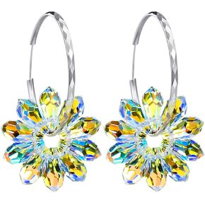 925 Sterling Silver Hoop Earrings dazzling Iridescent Daisy flowers with Aurora Borealis Austrian Crystals Jewelry for Women girls gift
