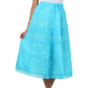 Sakkas Solid Embroidered Crochet Lace Trim Gypsy Bohemian Mid Length Cotton Skirt
