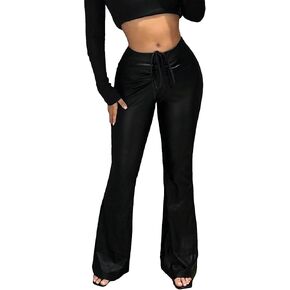 MakeMeChic Women's Solid Pu Leather Pants High Waist Drawstring Waist Flare Long Pants in Kuwait