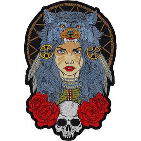 Native Girl with Wolf Headdress Skull and Roses Embroidered Large Patch Iron On. Size: 8 X 12 inches