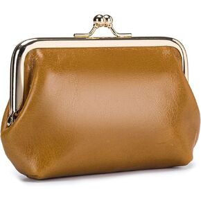 QeenRTUU Compartment Kiss Lock Coin Purses with Card Slot Vintage Genuine Leather Mini Coin Pouch Women Small Change Purse (Red 2)