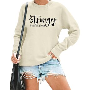 KIDDAD Christian Shirts Women Stronger Than The Storm Sweatshirts Inspirational Pullover Cute Heart Long Sleeve Sayings Tops