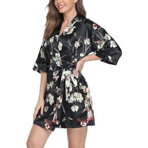 Women's Satin Kimono Robes Short Silky Bathrobe Solid Color/Floral Bridal Wedding Party