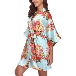 Women's Floral Satin Robe Short Silky Bathrobes Bride Bridesmaid Dressing Gown for Wedding Party, 2 Side Pockets