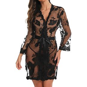 Aranmei Womens Robe Kimono Embroidered Lace Babydoll Bridal Lingerie V Neck Mesh Chemise Nightgown