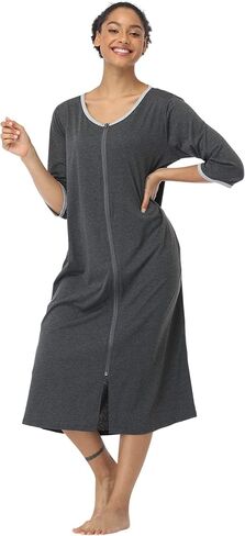 SUGAR JAN Women's Long Robes Zipper Front Lightweight Nightgowns Half Sleeves Soft Loungewear for Ladies S-XXXL in Kuwait