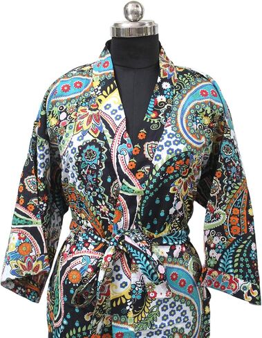 رداء كيمونو نسائي من CRAFT KALA رداء طويل مع ثوب نوم كيمونو مطبوع عليه طاووس وأزهار in Kuwait