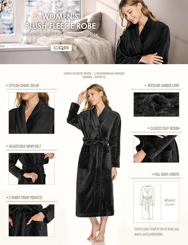 أردية طويلة من الصوف للنساء من CQR، رداء نوم ناعم منفوش، رداء حمام ملفوف بغطاء للرأس/ياقة شال in Kuwait