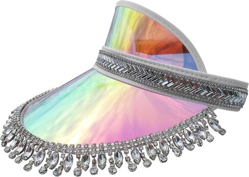 Nicky Bigs Novelties Hanging Gem Fringe Music Festival Sun Visor Hats - Tennis Beach Golf Bling Visors - Iridescent Jeweled Mirrored Visor Hat - Bride to Be Hats in Saudi Arabia