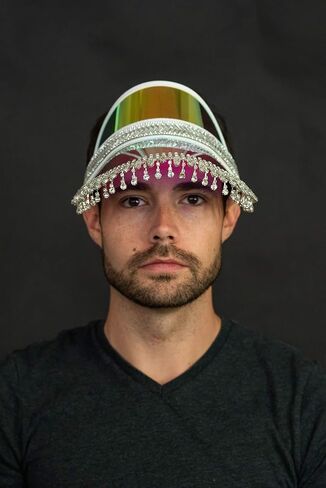 Nicky Bigs Novelties Hanging Gem Fringe Music Festival Sun Visor Hats - Tennis Beach Golf Bling Visors - Iridescent Jeweled Mirrored Visor Hat - Bride to Be Hats in Saudi Arabia