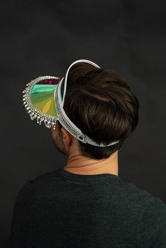 Nicky Bigs Novelties Hanging Gem Fringe Music Festival Sun Visor Hats - Tennis Beach Golf Bling Visors - Iridescent Jeweled Mirrored Visor Hat - Bride to Be Hats in Saudi Arabia