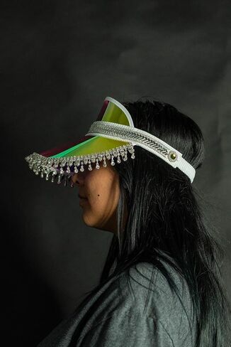 Nicky Bigs Novelties Hanging Gem Fringe Music Festival Sun Visor Hats - Tennis Beach Golf Bling Visors - Iridescent Jeweled Mirrored Visor Hat - Bride to Be Hats in Saudi Arabia