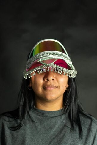 Nicky Bigs Novelties Hanging Gem Fringe Music Festival Sun Visor Hats - Tennis Beach Golf Bling Visors - Iridescent Jeweled Mirrored Visor Hat - Bride to Be Hats in Saudi Arabia