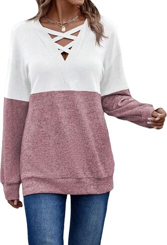 COZYEASE Women's Criss Cross V Neck Sweatshirts Colorblock Long Sleeve Pullovers Drop Shoulder Fitted Fall Tops in Saudi Arabia