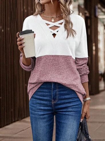COZYEASE Women's Criss Cross V Neck Sweatshirts Colorblock Long Sleeve Pullovers Drop Shoulder Fitted Fall Tops in Saudi Arabia