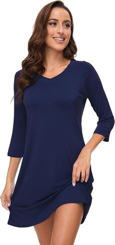 WiWi Nightgowns for Women Bamboo Viscose 3/4 Sleeve Sleepshirt Soft V-neck Nightshirts Loose Pajama Dress S-XXL in Kuwait