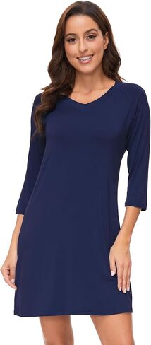 WiWi Nightgowns for Women Bamboo Viscose 3/4 Sleeve Sleepshirt Soft V-neck Nightshirts Loose Pajama Dress S-XXL in Kuwait