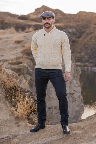 100% Merino Wool Men's Shawl Collar Single Button Irish Cable Knit Sweater Knitwear with Pockets in Saudi Arabia