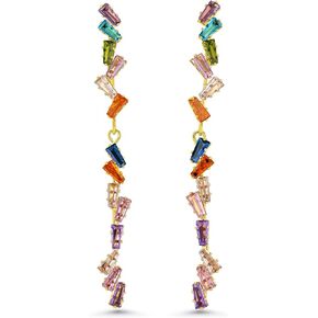 Dainty Long Colorful Gemstone Linear Drop Earrings, Multi Color Rhinestone Stud Statement Earrings, Trendy Chic Boho CZ Gold Plated Jewelry Gift for Women Girls.