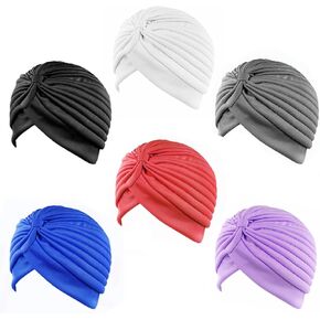 6 Pieces Stretch Turban Hats for Women Ruffle Plated Knot Headwrap Caps Twist Chemo Cancer Hair Loss Cover