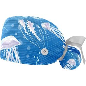 2 Packs Working Cap with Button for Women Long Hair Adjustable Elastic Bandage Tie Back Hats Bouffant Caps Sea Turtles