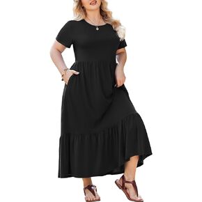 IN'VOLAND Women Plus Size Short Sleeve Dress Loose Plain Casual Summer Flowy Tiered Long Maxi Dresses with Pockets