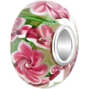 MiiFort Women Flower Spacer Murano Glass Charm Compatible with Pandora Bracelets Necklaces Pendants Rose Daisy Floral Pink Flowers