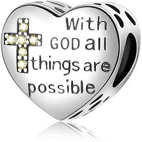 ORANGE FOREST 925 Sterling Silver Cross Charms for Charms Bracelet With God All Things Are Possible Religious Heart Beads Jewelry Gift for Women